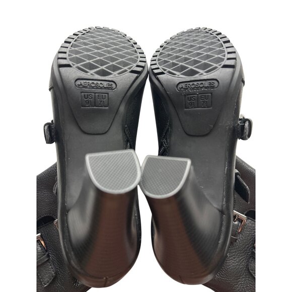 Aerosoles Mirage Leather Black Peep Toe Boots Buckles Side Zip 3" Heel Size 9.5 - Picture 9 of 9